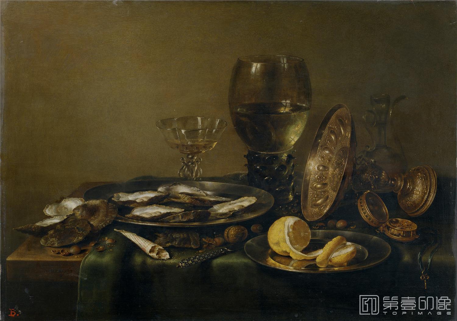 油画-西班牙普拉多美术馆油画藏画-Heda, Willem Claesz.-Bodegón con tazza de plata, copa Roemer y ostras-52cm x 73cm-1390